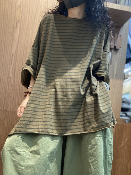 Cotton Shirt O-Neck Stripe Summer Casual Women FashionChic