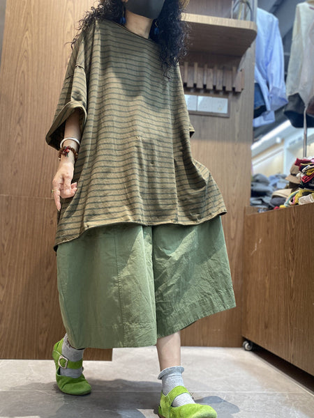 Cotton Shirt O-Neck Stripe Summer Casual Women FashionChic