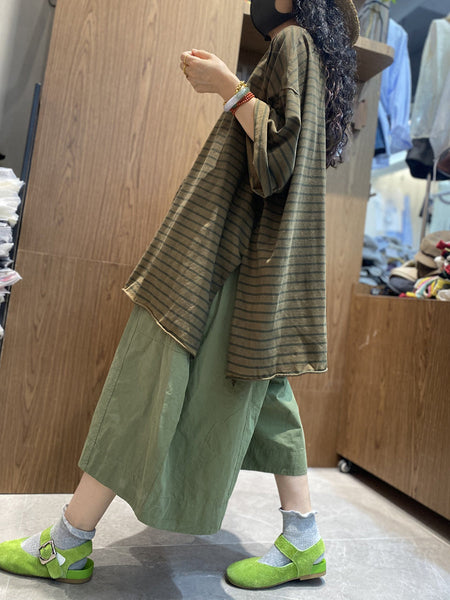 Cotton Shirt O-Neck Stripe Summer Casual Women FashionChic