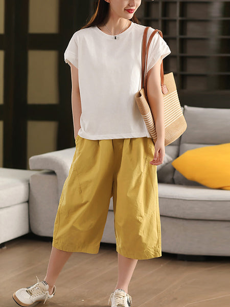 Pants 100%Cotton Casual Pure Color Cropped Women FashionChic