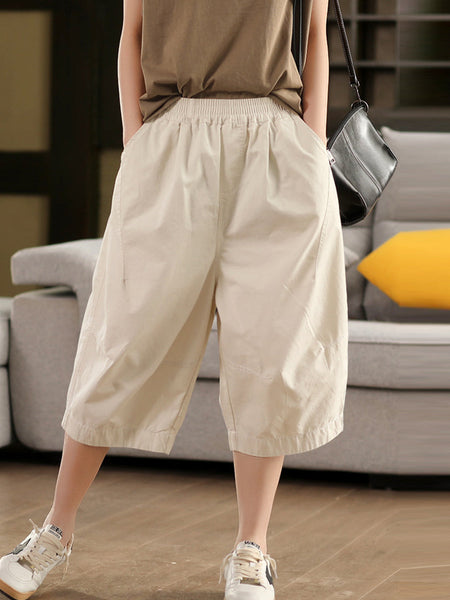 Pants 100%Cotton Casual Pure Color Cropped Women FashionChic
