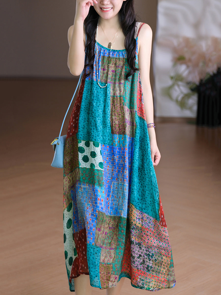 Women Vest O-Neck Artsy Summer Dress 100%Ramie Flower FashionChic