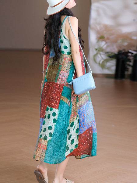 Women Vest O-Neck Artsy Summer Dress 100%Ramie Flower FashionChic