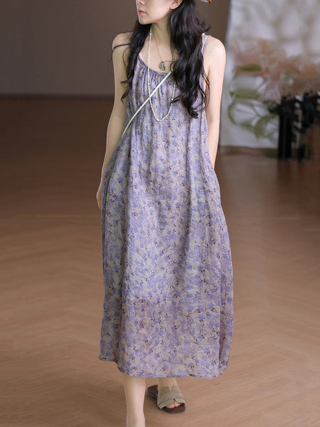 Women Vest O-Neck Artsy Summer Dress 100%Ramie Flower FashionChic