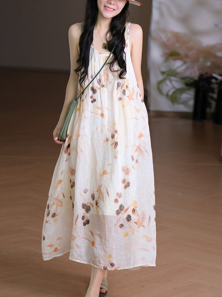 Women Vest O-Neck Artsy Summer Dress 100%Ramie Flower FashionChic