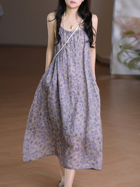 Women Vest O-Neck Artsy Summer Dress 100%Ramie Flower FashionChic