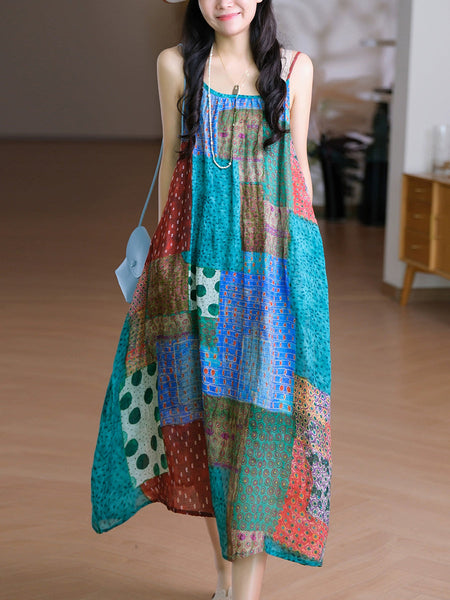 Women Vest O-Neck Artsy Summer Dress 100%Ramie Flower FashionChic