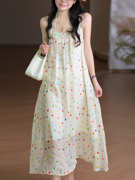 Women Vest O-Neck Artsy Summer Dress 100%Ramie Flower FashionChic