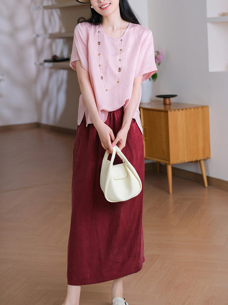 Summer Straight Women Color Pure Skirt Linen FashionChic