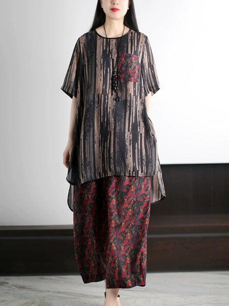 Summer Vintage O-Neck Stripe Women Suits Loose FashionChic