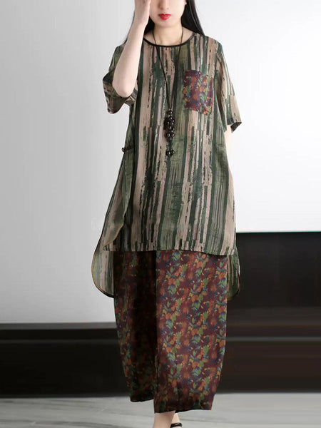 Summer Vintage O-Neck Stripe Women Suits Loose FashionChic