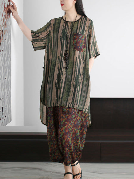 Summer Vintage O-Neck Stripe Women Suits Loose FashionChic