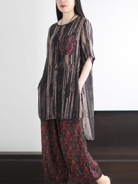 Summer Vintage O-Neck Stripe Women Suits Loose FashionChic