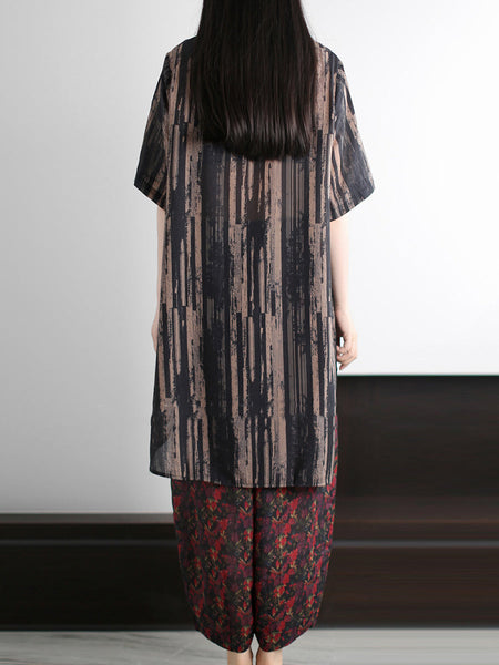 Summer Vintage O-Neck Stripe Women Suits Loose FashionChic