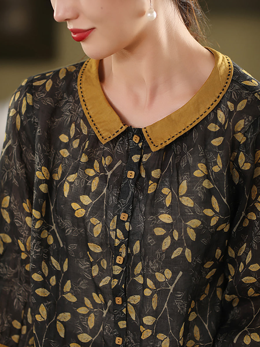 100%Ramie Shirt Summer Turn-down Artsy Collar Flower Women FashionChic