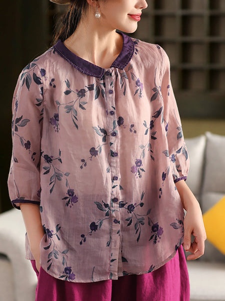 100%Ramie Shirt Summer Turn-down Artsy Collar Flower Women FashionChic