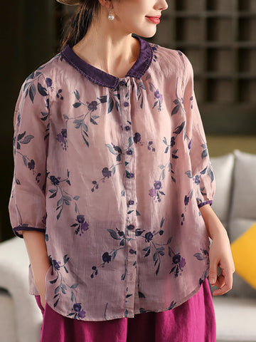 100%Ramie Shirt Summer Turn-down Artsy Collar Flower Women FashionChic