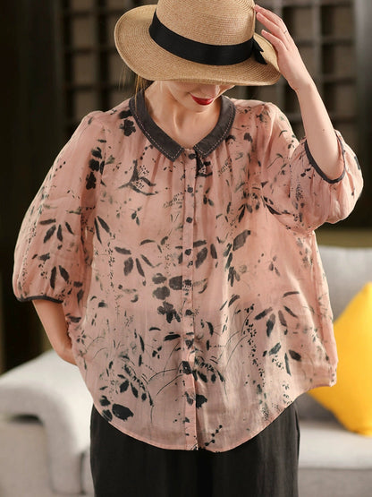 100%Ramie Shirt Summer Turn-down Artsy Collar Flower Women FashionChic