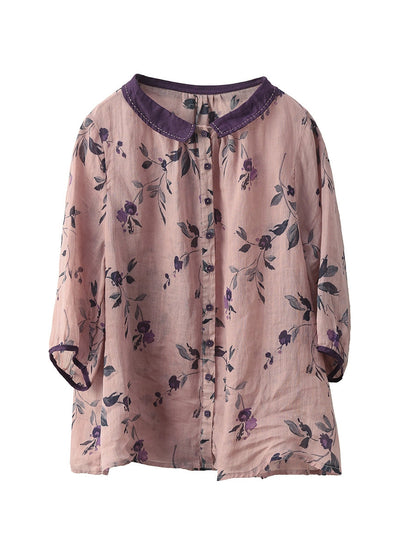 100%Ramie Shirt Summer Turn-down Artsy Collar Flower Women FashionChic