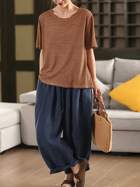 Casual Linen Cotton O-Neck Shirt Stripe Summer Women FashionChic