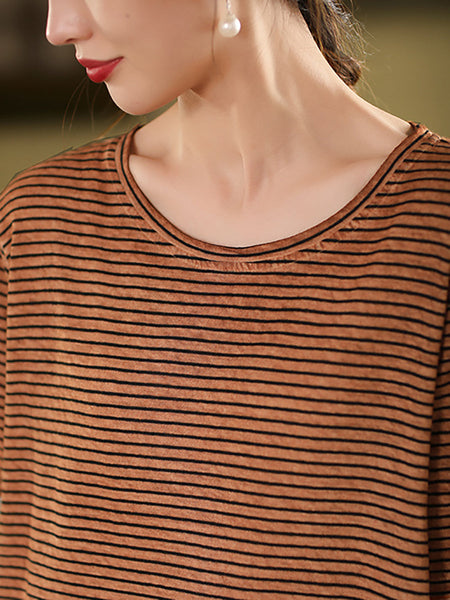 Casual Linen Cotton O-Neck Shirt Stripe Summer Women FashionChic