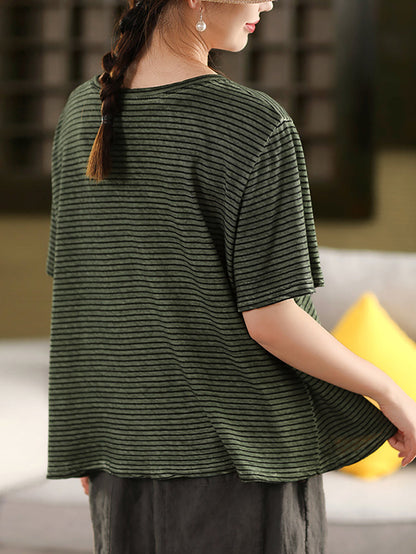 Casual Linen Cotton O-Neck Shirt Stripe Summer Women FashionChic