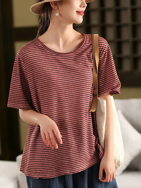 Casual Linen Cotton O-Neck Shirt Stripe Summer Women FashionChic