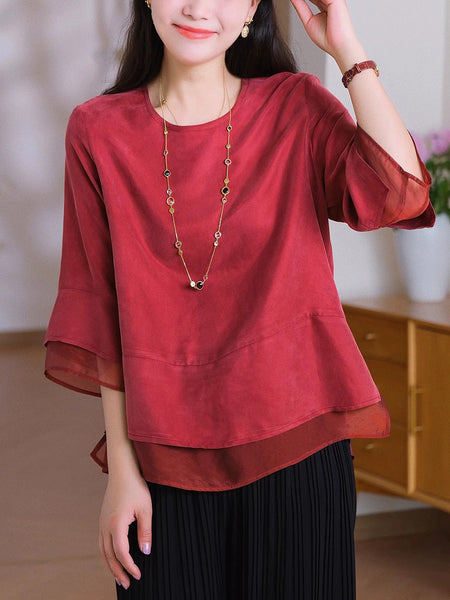 Color Pure Summer O-Neck Spliced Women Shirt Artsy FashionChic