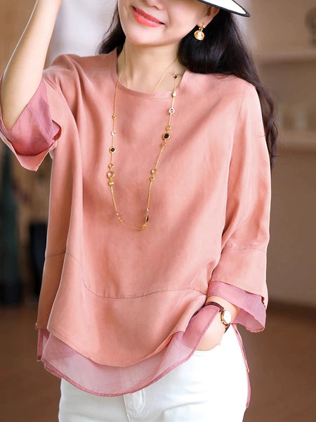 Color Pure Summer O-Neck Spliced Women Shirt Artsy FashionChic