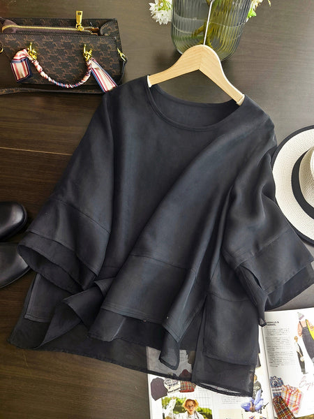 Color Pure Summer O-Neck Spliced Women Shirt Artsy FashionChic