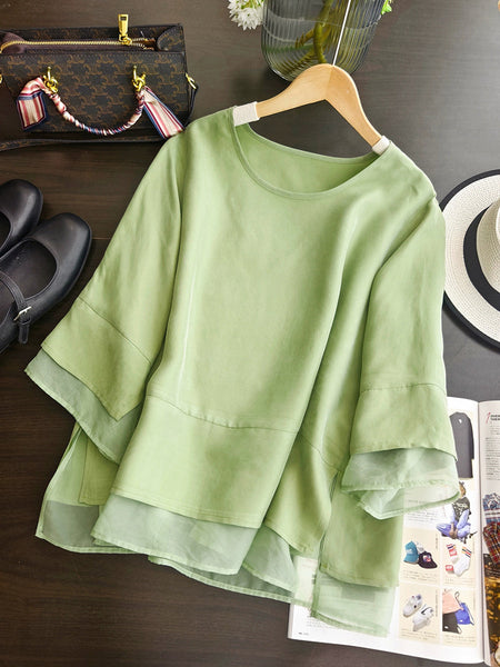 Color Pure Summer O-Neck Spliced Women Shirt Artsy FashionChic