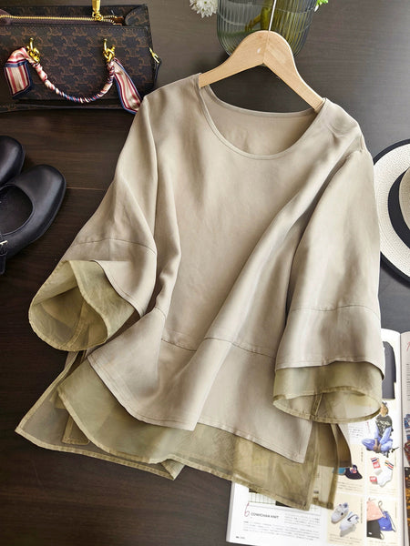 Color Pure Summer O-Neck Spliced Women Shirt Artsy FashionChic