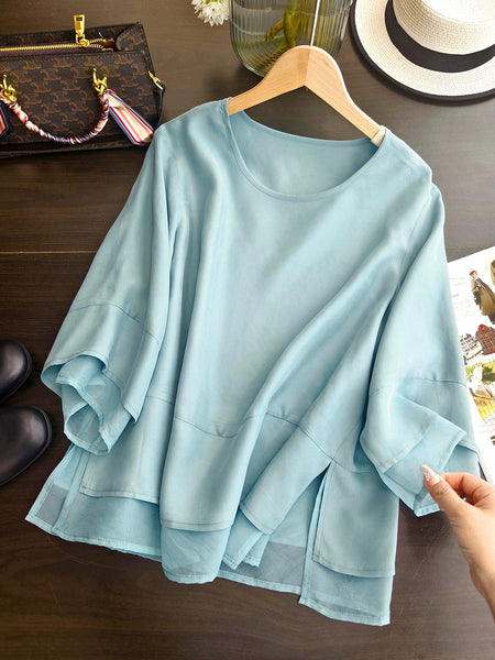 Color Pure Summer O-Neck Spliced Women Shirt Artsy FashionChic
