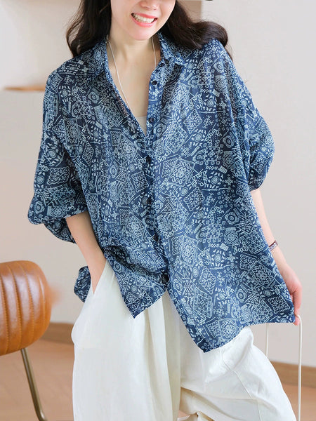 Shirt Print Women Collar Summer Turn-down Artsy 100%Ramie FashionChic