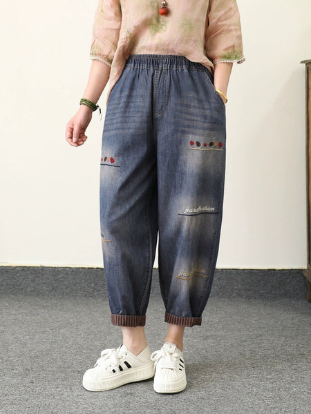 Retro Summer Women Embroidery Denim Pants Harem FashionChic