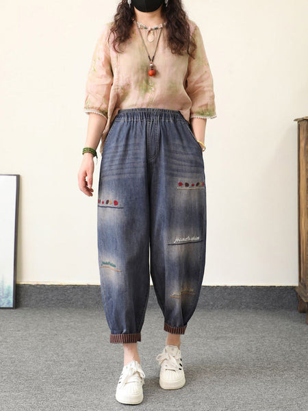 Retro Summer Women Embroidery Denim Pants Harem FashionChic