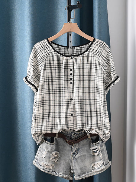 Summer Shirt Artsy Plaid 100%Cotton Women O-Neck Stripe FashionChic