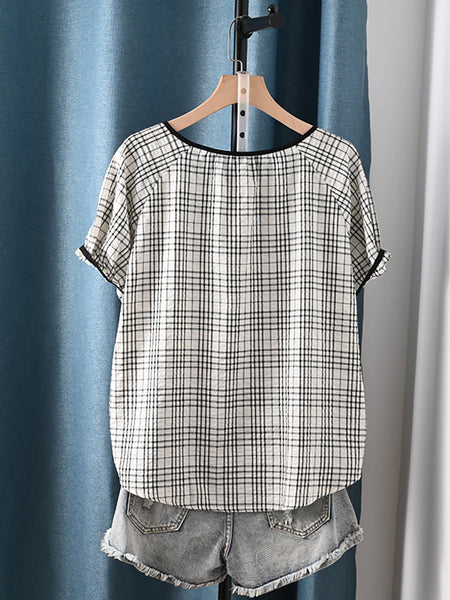 Summer Shirt Artsy Plaid 100%Cotton Women O-Neck Stripe FashionChic