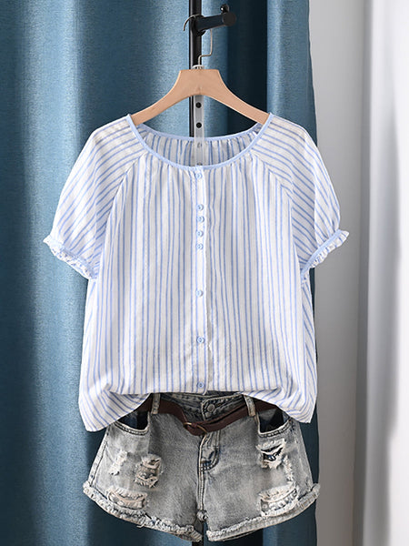 Summer Shirt Artsy Plaid 100%Cotton Women O-Neck Stripe FashionChic