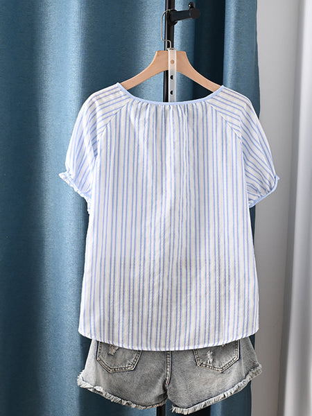Summer Shirt Artsy Plaid 100%Cotton Women O-Neck Stripe FashionChic