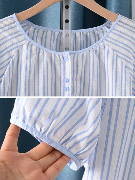 Summer Shirt Artsy Plaid 100%Cotton Women O-Neck Stripe FashionChic