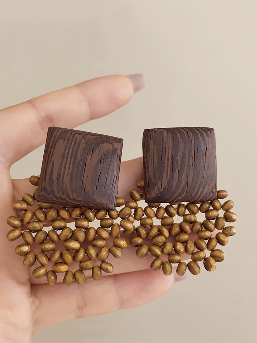 Square Vintage Wooden Bead Women Flower Earrings FashionChic