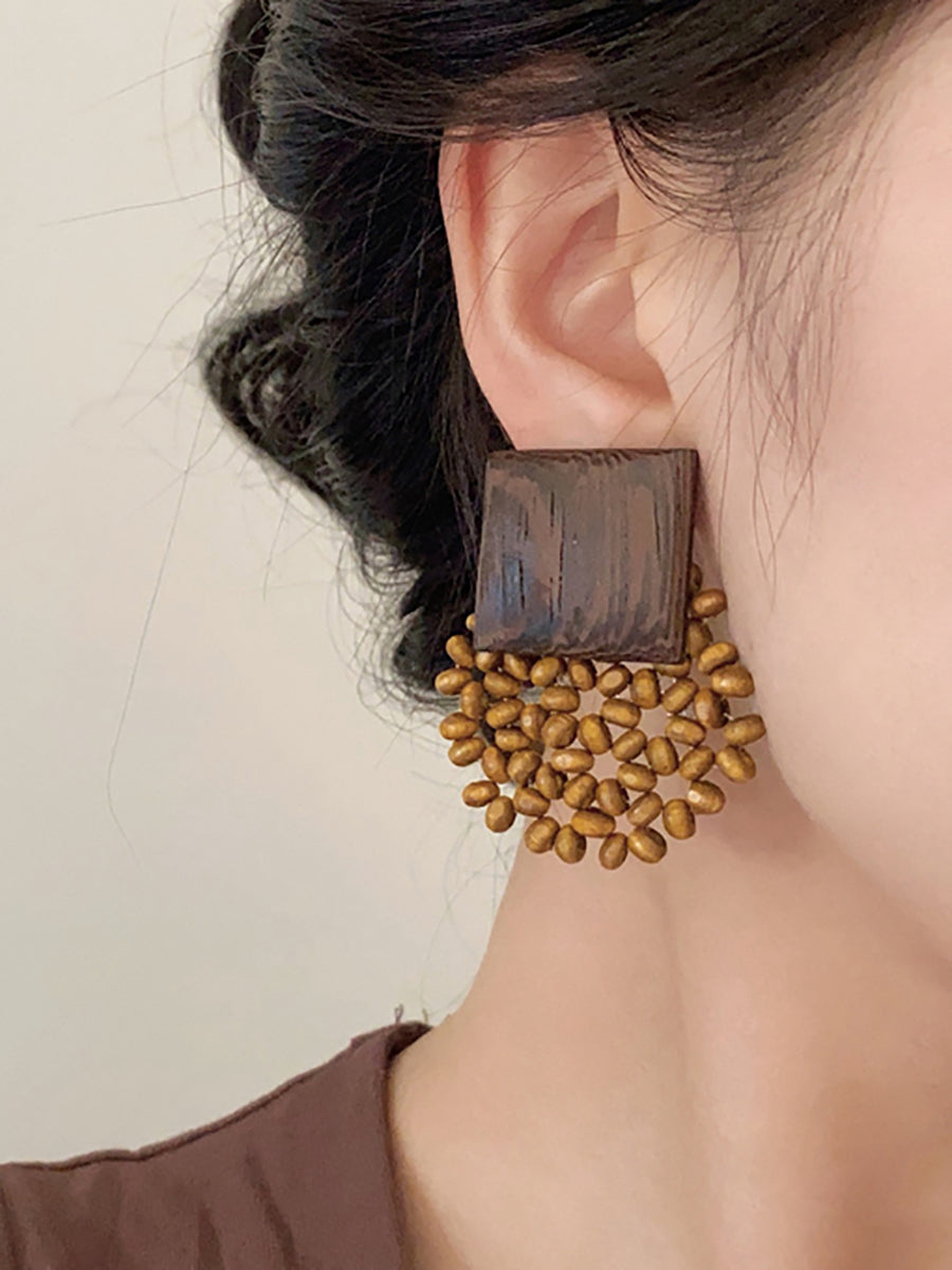 Square Vintage Wooden Bead Women Flower Earrings FashionChic