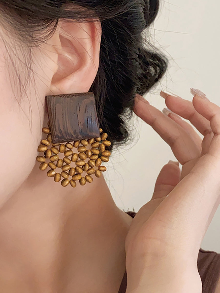 Square Vintage Wooden Bead Women Flower Earrings FashionChic