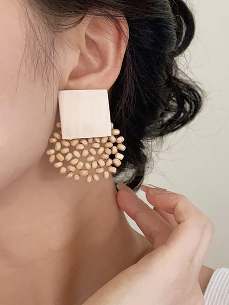 Square Vintage Wooden Bead Women Flower Earrings FashionChic
