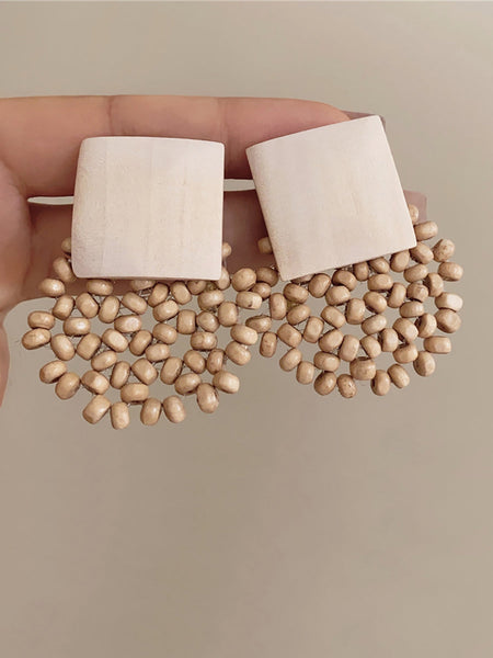 Square Vintage Wooden Bead Women Flower Earrings FashionChic