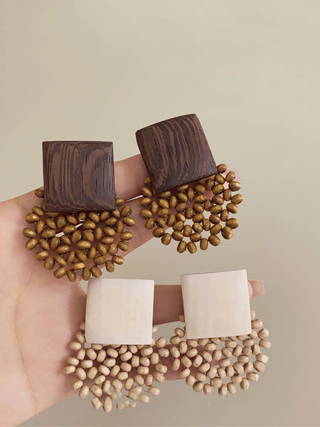 Square Vintage Wooden Bead Women Flower Earrings FashionChic