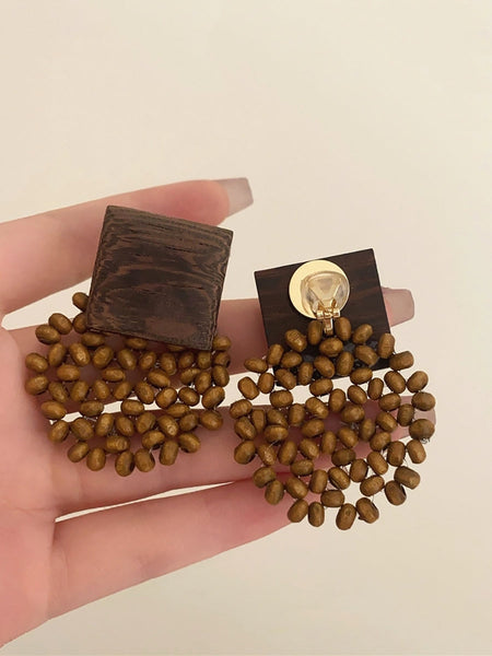 Square Vintage Wooden Bead Women Flower Earrings FashionChic