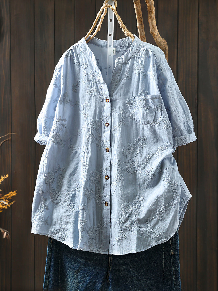 Flower 100%Cotton V-Neck Women Shirt Artsy Embroidery Summer FashionChic