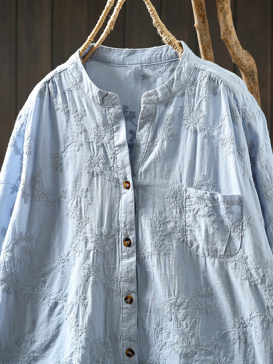 Flower 100%Cotton V-Neck Women Shirt Artsy Embroidery Summer FashionChic